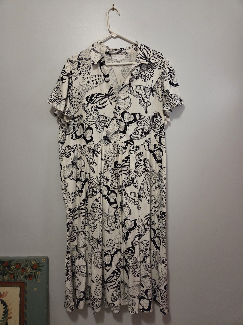 Butterfly Print Short Sleeve Midi Dress - Cream/Black